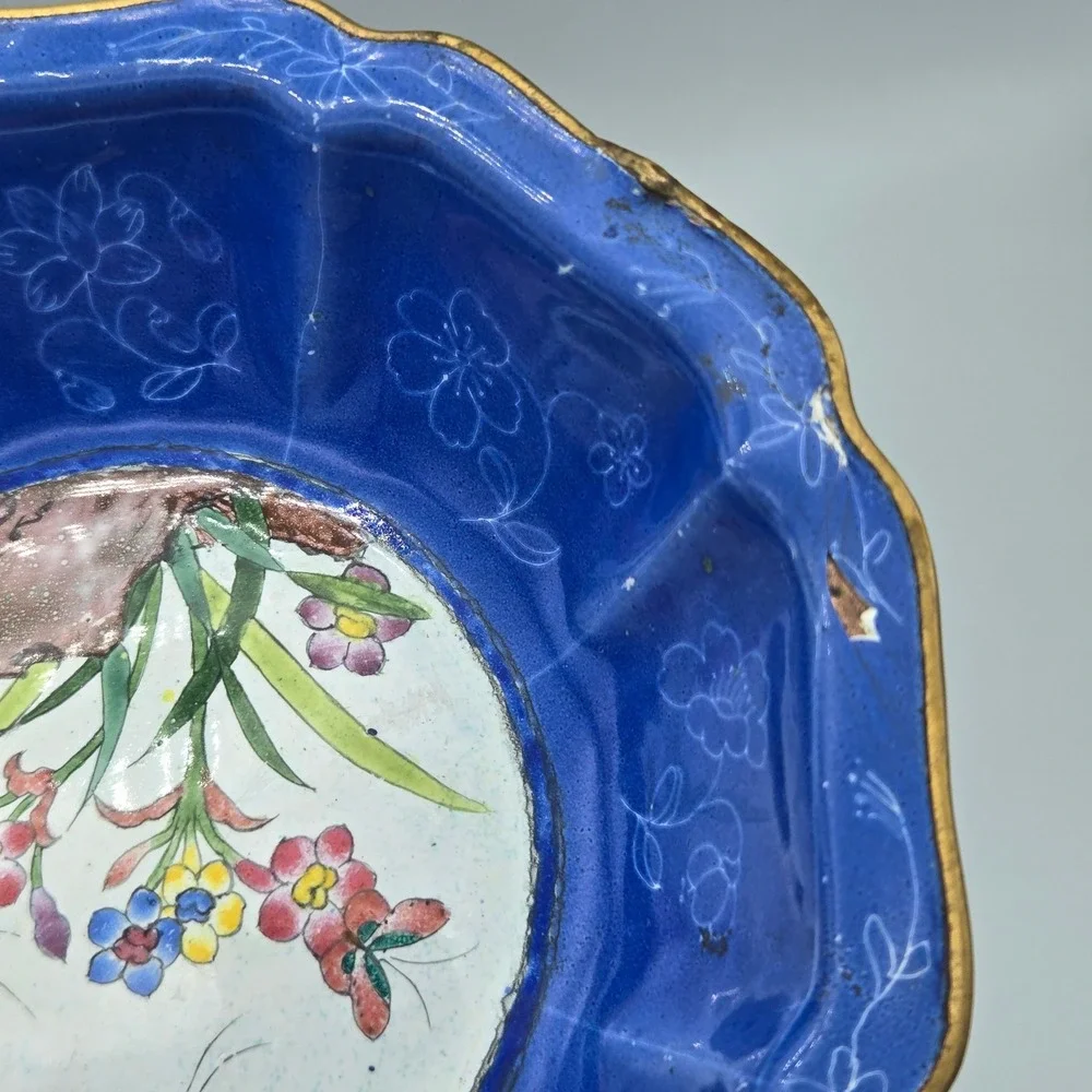 Vintage Chinese Canton Enamel Butterfly Mantis Floral Trinket Bowl Hand Painted
